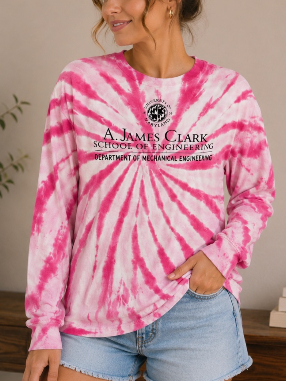 UMD Mechanical Engineering Women’s Pink Tie-Dye Long Sleeve Shirt, size Medium